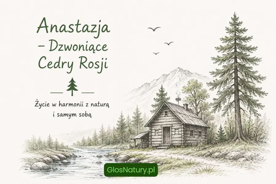 Rysunkowa ilustracja drewnianego domu nad strumieniem wśród cedrów i gór, inspirowana książką Anastazja – Dzwoniące Cedry Rosji.