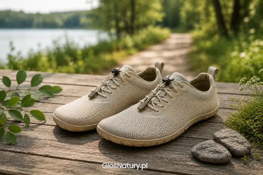 Zdjęcie przedstawia jasne buty minimalistyczne, leżące na drewnianym stole, w tle przyroda ze stawem