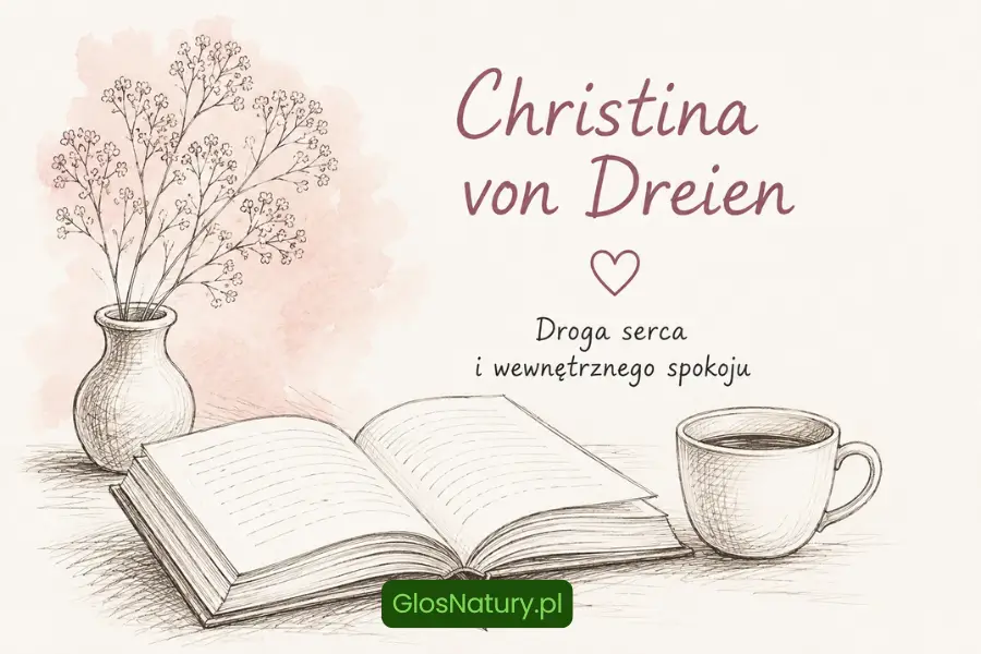 Christina von Dreien – ilustracja książki, filiżanki i kwiatów symbolizujących rozwój duchowy, spokój i drogę serca.