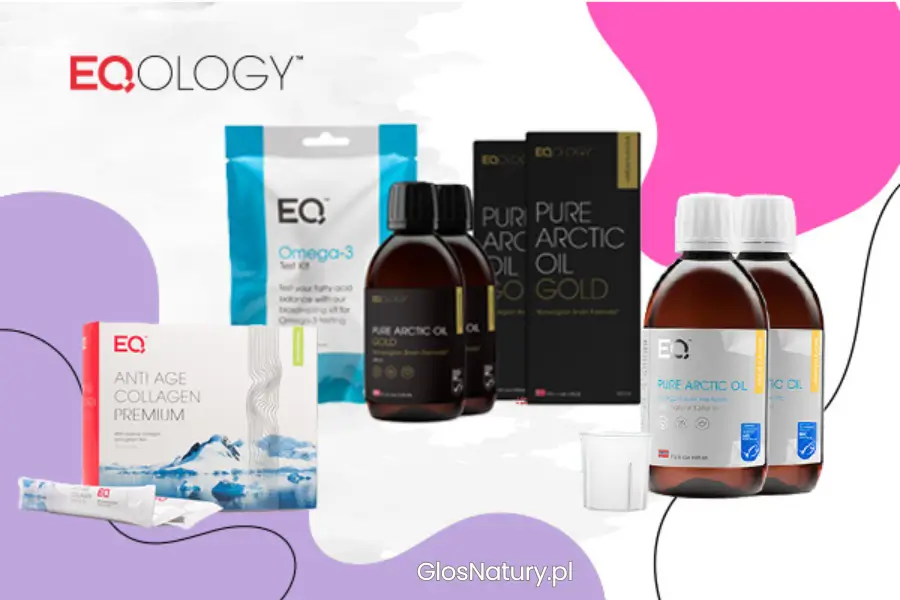 Obrazek przedstawia produkty firmy Eqology z olejem Omega 3 w roli głównej z dużą ilością kwasów EPA i DHA
