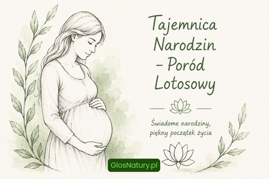 Tajemnica Narodzin – Poród Lotosowy – ilustracja kobiety w ciąży symbolizująca naturalne narodziny, bliskość i świadome rodzicielstwo.