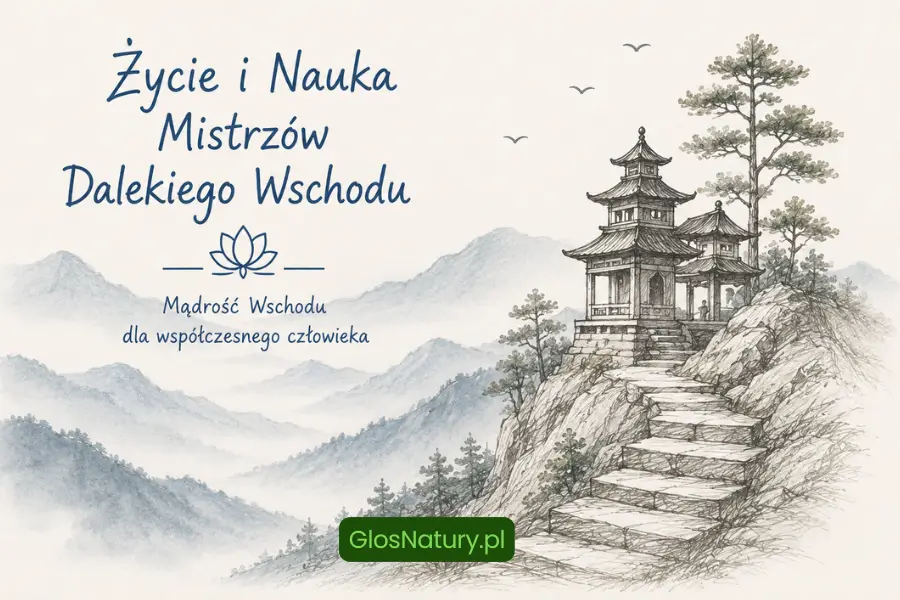 Rysunkowa ilustracja pagody na wzgórzu wśród mglistych gór, inspirowana książką Życie i Nauka Mistrzów Dalekiego Wschodu.